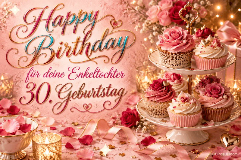 Rosenverzierte Cupcakes auf einer Etagere und Kerzen begleiten auf rosa Grund den Gruß "Happy Birthday für deine Enkeltochter 30. Geburtstag".