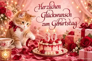Ein orangefarbenes Kätzchen neben einer Torte mit 30-Kerzen, Geschenken und dem Gruß "Herzlichen Glückwunsch zum Geburtstag".