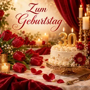 Eine helle Torte mit goldenen 30-Kerzen steht zwischen roten Tulpen und Kerzen unter der Aufschrift "Zum Geburtstag".