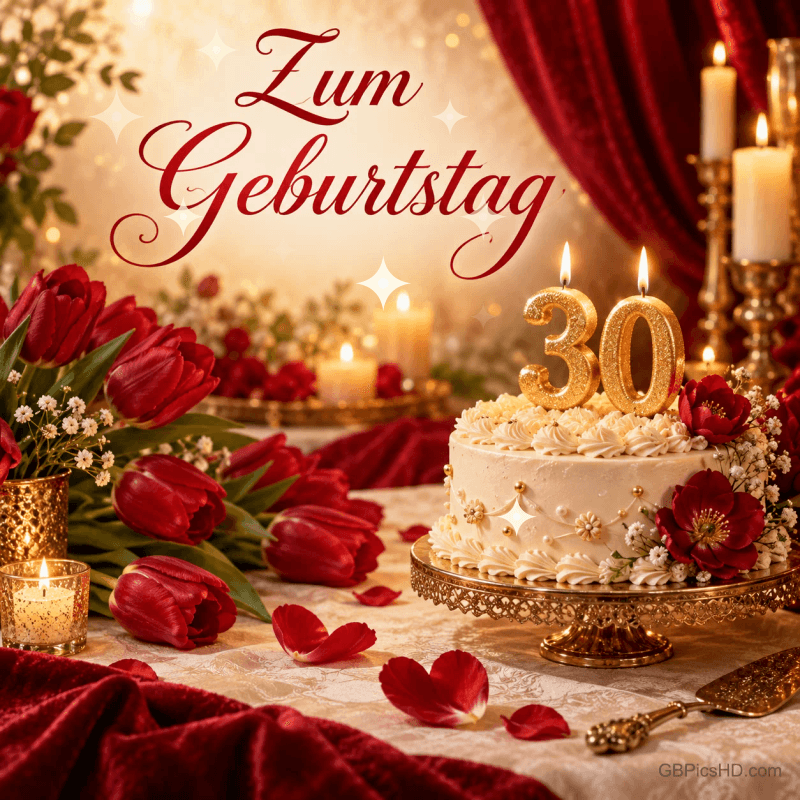 Eine helle Torte mit goldenen 30-Kerzen steht zwischen roten Tulpen und Kerzen unter der Aufschrift "Zum Geburtstag".
