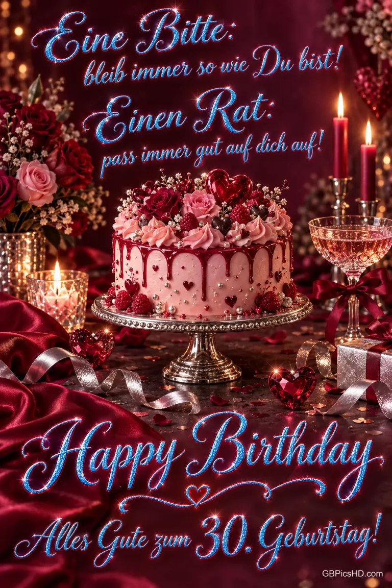 Eine rosa Rosentorte, rote Kerzen und Geschenke schmücken die festliche Szene mit "Happy Birthday" und "Alles Gute zum 30. Geburtstag!".