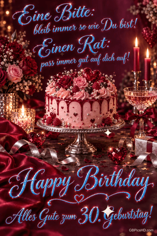 Eine rosa Rosentorte, rote Kerzen und Geschenke schmücken die festliche Szene mit "Happy Birthday" und "Alles Gute zum 30. Geburtstag!".