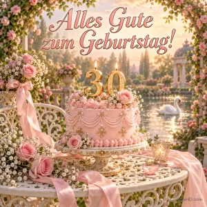 Rosa Torte mit goldenen 30-Kerzen auf einem Gartentisch, ein Schwan im Wasser und der Gruß "Alles Gute zum Geburtstag!".