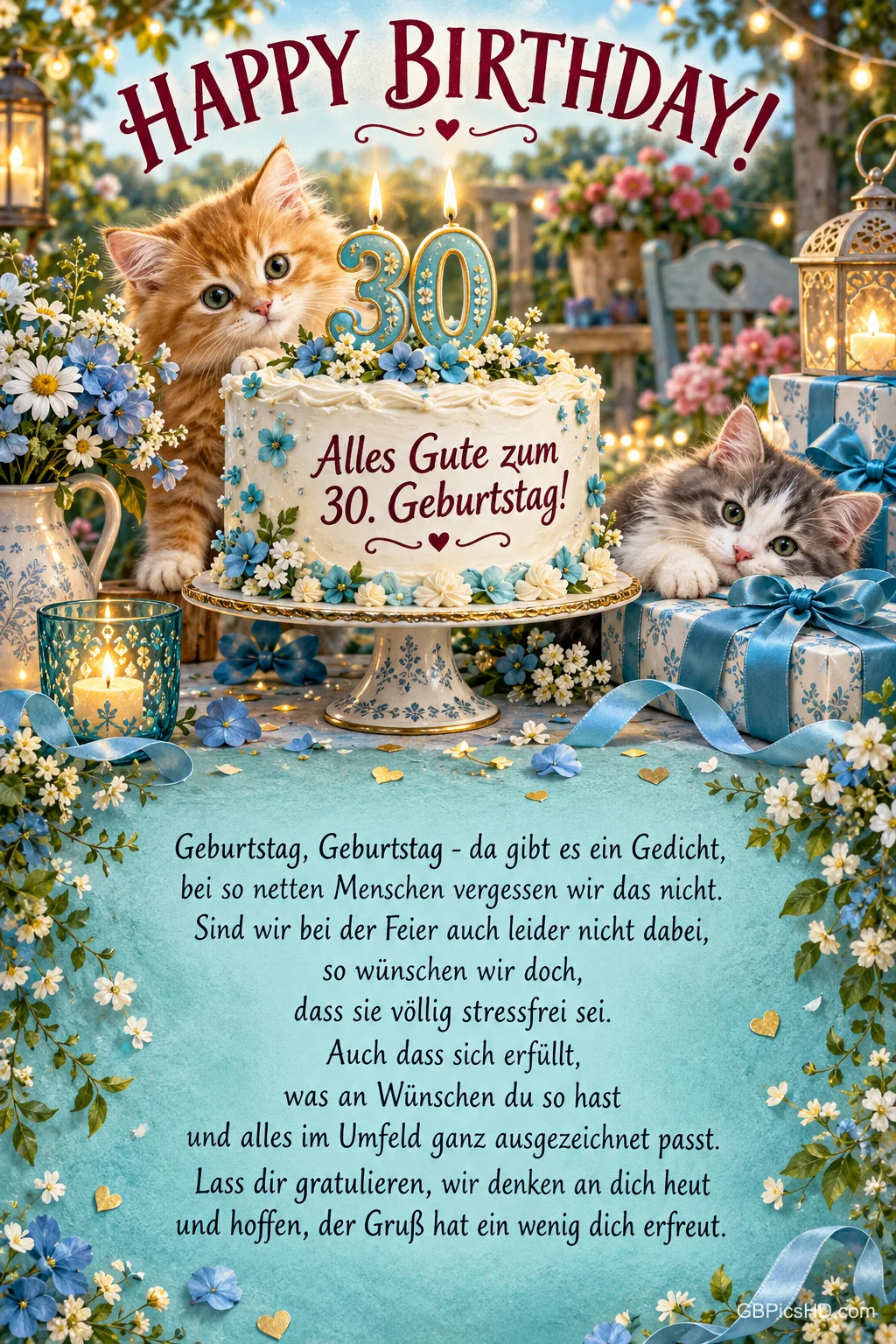 Zwei Kätzchen, eine Torte mit 30-Kerzen, blaue Geschenke und Blumen begleiten "Alles Gute zum 30. Geburtstag!" und ein Gedicht. Zwei Kätzchen, eine Torte mit 30-Kerzen, blaue Geschenke und Blumen begleiten "Alles Gute zum 30. Geburtstag!" und ein Gedicht.