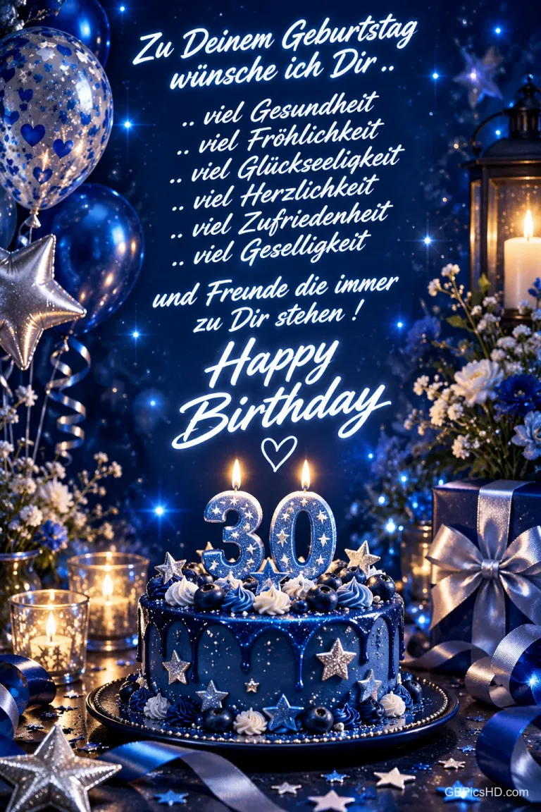 Blaue Torte mit brennenden 30-Kerzen, Ballons, Geschenken und Geburtstagswünschen mit "Happy Birthday".
