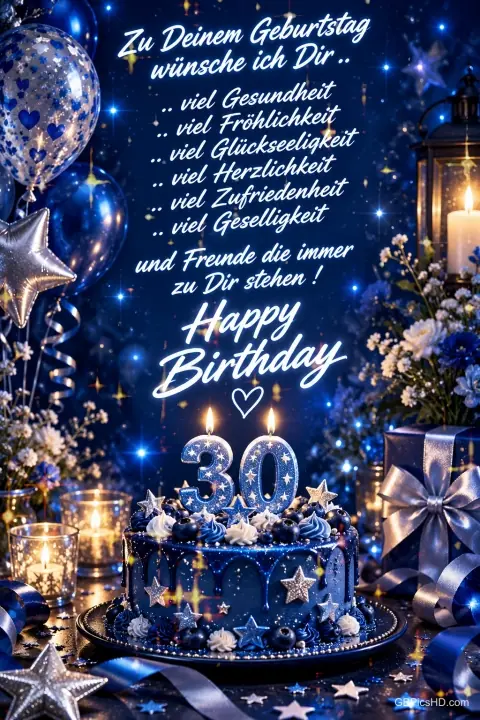 Blaue Torte mit brennenden 30-Kerzen, Ballons, Geschenken und Geburtstagswünschen mit "Happy Birthday". Blaue Torte mit brennenden 30-Kerzen, Ballons, Geschenken und Geburtstagswünschen mit "Happy Birthday".