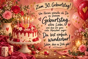 Eine Torte mit roten Kerzen, Rosen und Herzballons umrahmt "Zum 30. Geburtstag!" und "Du bist einfach wunderbar!" auf rosa Grund.