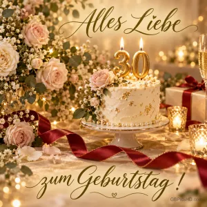 Weiße Torte mit goldenen 30-Kerzen, Rosen, rotem Geschenkband und dem Gruß "Alles Liebe zum Geburtstag!".