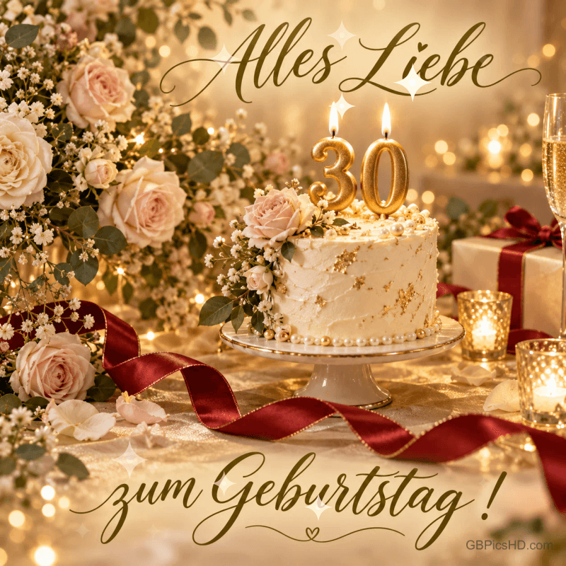 Weiße Torte mit goldenen 30-Kerzen, Rosen, rotem Geschenkband und dem Gruß "Alles Liebe zum Geburtstag!". Weiße Torte mit goldenen 30-Kerzen, Rosen, rotem Geschenkband und dem Gruß "Alles Liebe zum Geburtstag!".