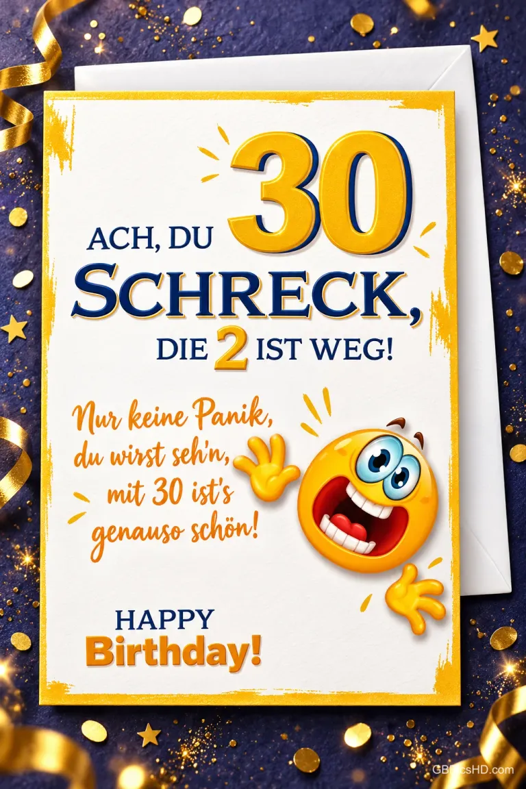 Eine Geburtstagskarte mit großer goldener 30, erschrockenem gelbem Gesicht und "Ach, du Schreck, die 2 ist weg!".