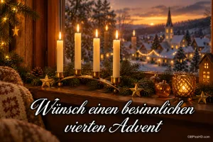 Vier brennende Kerzen auf einem geschwungenen Kerzenhalter am Fenster, dahinter ein verschneites Dorf im Abendlicht, Schriftzug "Wünsch einen besinnlichen vierten Advent"
