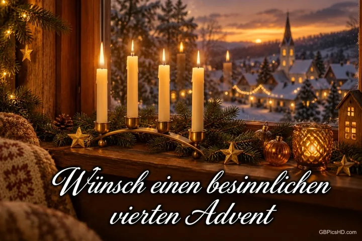Vier brennende Kerzen auf einem geschwungenen Kerzenhalter am Fenster, dahinter ein verschneites Dorf im Abendlicht, Schriftzug "Wünsch einen besinnlichen vierten Advent" Vier brennende Kerzen auf einem geschwungenen Kerzenhalter am Fenster, dahinter ein verschneites Dorf im Abendlicht, Schriftzug "Wünsch einen besinnlichen vierten Advent"