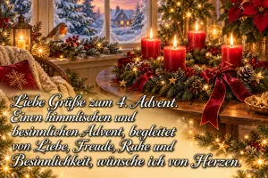 Adventsgesteck mit roten Kerzen, Schleife und Tannengrün in einer gemütlichen Stube, am Fenster sitzt ein Rotkehlchen, dazu ein herzlicher Spruch zum 4. Advent