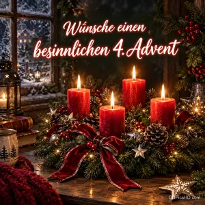 Adventskranz mit vier brennenden roten Kerzen, roter Samtschleife und Tannenzapfen auf einem Holztisch vor verschneitem Fenster, Gruß zum besinnlichen 4. Advent