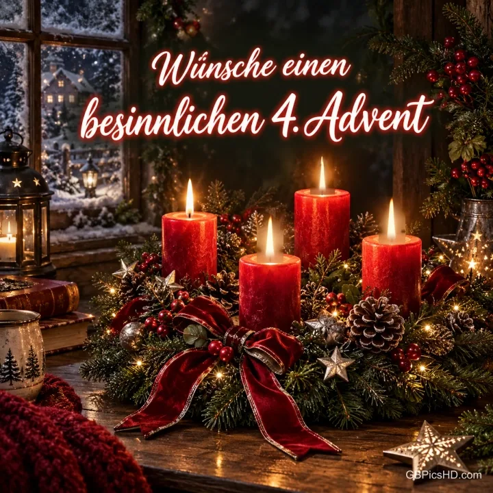 Adventskranz mit vier brennenden roten Kerzen, roter Samtschleife und Tannenzapfen auf einem Holztisch vor verschneitem Fenster, Gruß zum besinnlichen 4. Advent Adventskranz mit vier brennenden roten Kerzen, roter Samtschleife und Tannenzapfen auf einem Holztisch vor verschneitem Fenster, Gruß zum besinnlichen 4. Advent