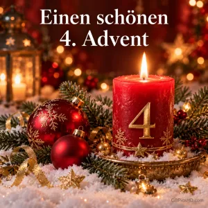 Rote Kerze mit goldener Zahl 4 auf einem Goldteller im Schnee, daneben rote Weihnachtskugeln und Tannenzweige, darüber "Einen schönen 4. Advent"