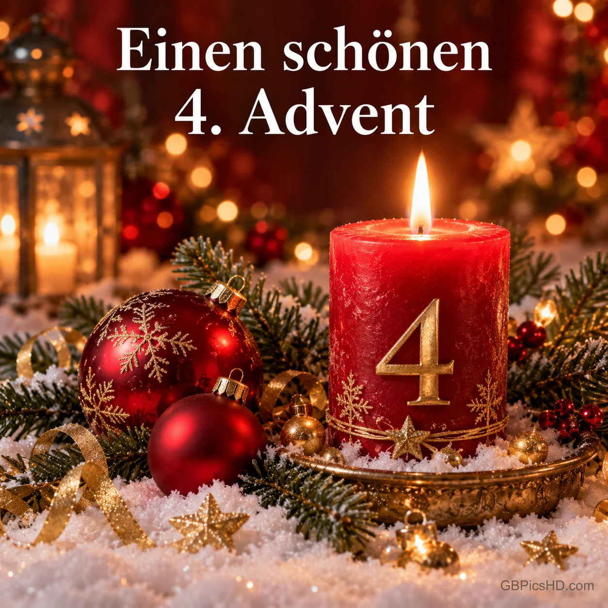 Rote Kerze mit goldener Zahl 4 auf einem Goldteller im Schnee, daneben rote Weihnachtskugeln und Tannenzweige, darüber "Einen schönen 4. Advent" Rote Kerze mit goldener Zahl 4 auf einem Goldteller im Schnee, daneben rote Weihnachtskugeln und Tannenzweige, darüber "Einen schönen 4. Advent"