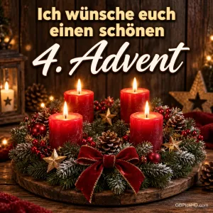 Adventskranz mit vier brennenden roten Kerzen, Sternen und roter Schleife auf einem Holztisch, darüber der Gruß "Ich wünsche euch einen schönen 4. Advent"