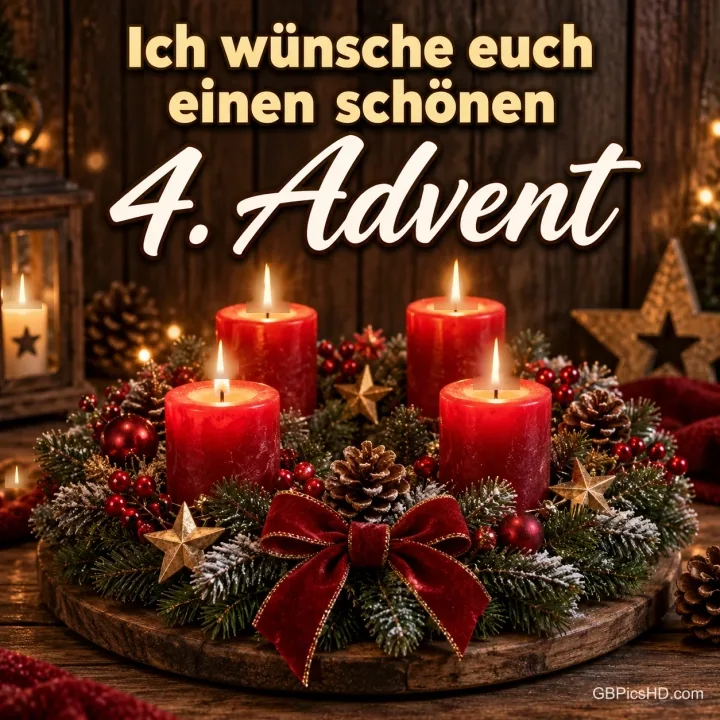 Adventskranz mit vier brennenden roten Kerzen, Sternen und roter Schleife auf einem Holztisch, darüber der Gruß "Ich wünsche euch einen schönen 4. Advent" Adventskranz mit vier brennenden roten Kerzen, Sternen und roter Schleife auf einem Holztisch, darüber der Gruß "Ich wünsche euch einen schönen 4. Advent"