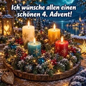 Ein Holztablett mit Tannengrün, Zapfen und vier bunten Kerzen in Weiß, Gelb, Türkis und Rot vor einem nächtlichen Seeufer mit Lichtern