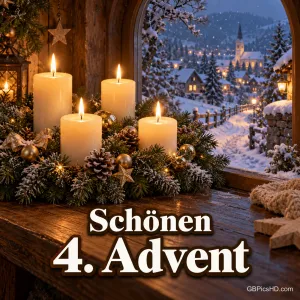 Adventskranz mit vier brennenden weißen Kerzen auf einer Fensterbank, draußen ein verschneites Dorf mit Kirche, unten der Schriftzug "Schönen 4. Advent"