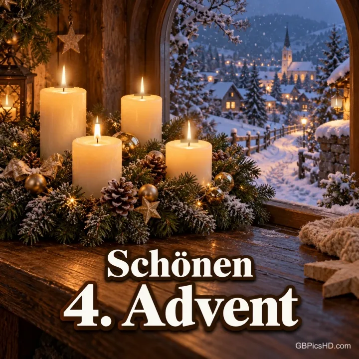 Adventskranz mit vier brennenden weißen Kerzen auf einer Fensterbank, draußen ein verschneites Dorf mit Kirche, unten der Schriftzug "Schönen 4. Advent" Adventskranz mit vier brennenden weißen Kerzen auf einer Fensterbank, draußen ein verschneites Dorf mit Kirche, unten der Schriftzug "Schönen 4. Advent"
