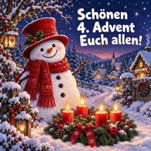 Fröhlicher Schneemann mit rotem Hut und Strickschal in einem verschneiten Dorf, vor ihm ein Adventskranz mit vier brennenden Kerzen