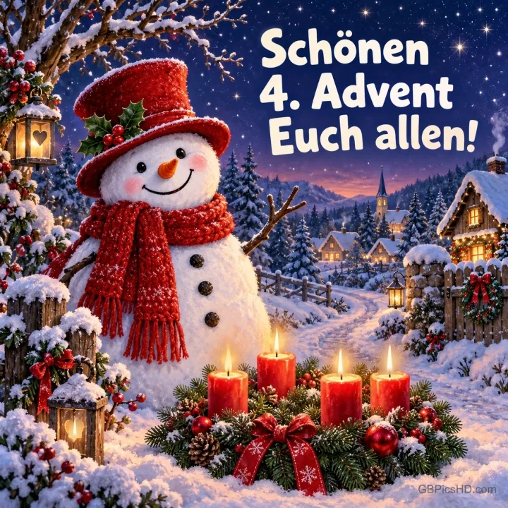 Fröhlicher Schneemann mit rotem Hut und Strickschal in einem verschneiten Dorf, vor ihm ein Adventskranz mit vier brennenden Kerzen Fröhlicher Schneemann mit rotem Hut und Strickschal in einem verschneiten Dorf, vor ihm ein Adventskranz mit vier brennenden Kerzen