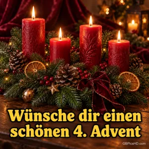 Vier brennende rote Stumpenkerzen in einem Gesteck mit Tannengrün, getrockneten Orangenscheiben, Zapfen und Samtschleife, Gruß "Wünsche dir einen schönen 4. Advent"