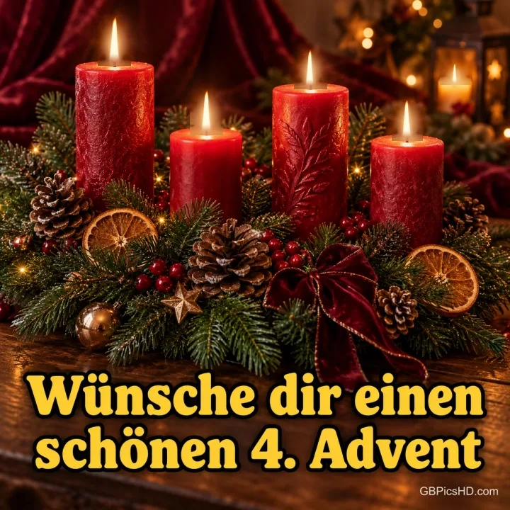 Vier brennende rote Stumpenkerzen in einem Gesteck mit Tannengrün, getrockneten Orangenscheiben, Zapfen und Samtschleife, Gruß "Wünsche dir einen schönen 4. Advent" Vier brennende rote Stumpenkerzen in einem Gesteck mit Tannengrün, getrockneten Orangenscheiben, Zapfen und Samtschleife, Gruß "Wünsche dir einen schönen 4. Advent"