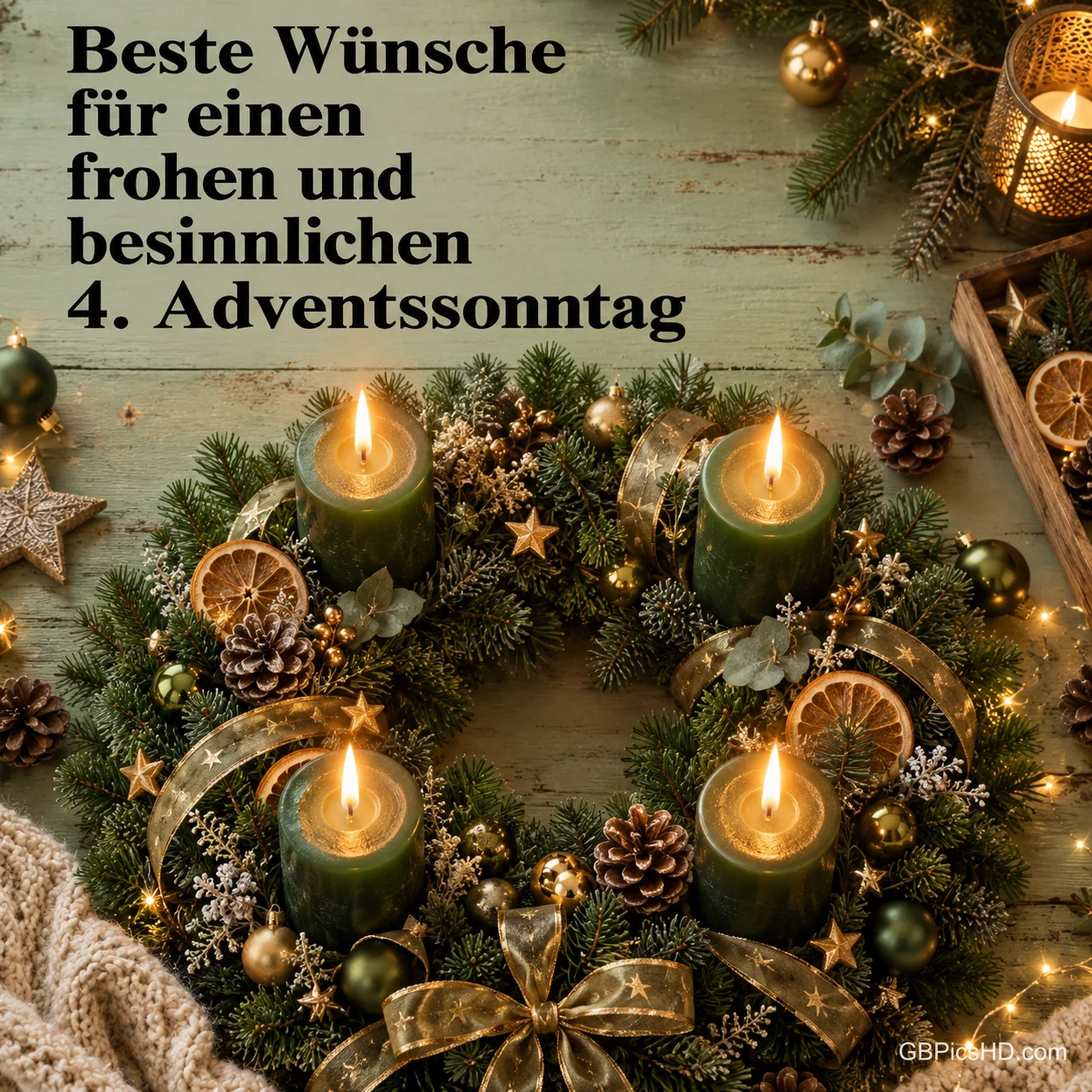 Vier grüne Kerzen brennen im Adventskranz unter "Beste Wünsche für einen frohen und besinnlichen 4. Adventssonntag". Vier grüne Kerzen brennen im Adventskranz unter "Beste Wünsche für einen frohen und besinnlichen 4. Adventssonntag".