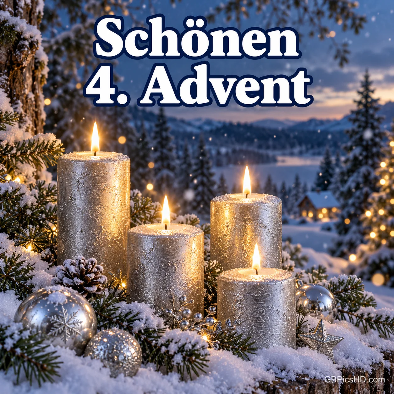 Vier brennende silberne Kerzen in unterschiedlicher Höhe im Schnee, umgeben von Tannenzweigen und silbernen Kugeln, im Hintergrund eine verschneite Winterlandschaft Vier brennende silberne Kerzen in unterschiedlicher Höhe im Schnee, umgeben von Tannenzweigen und silbernen Kugeln, im Hintergrund eine verschneite Winterlandschaft