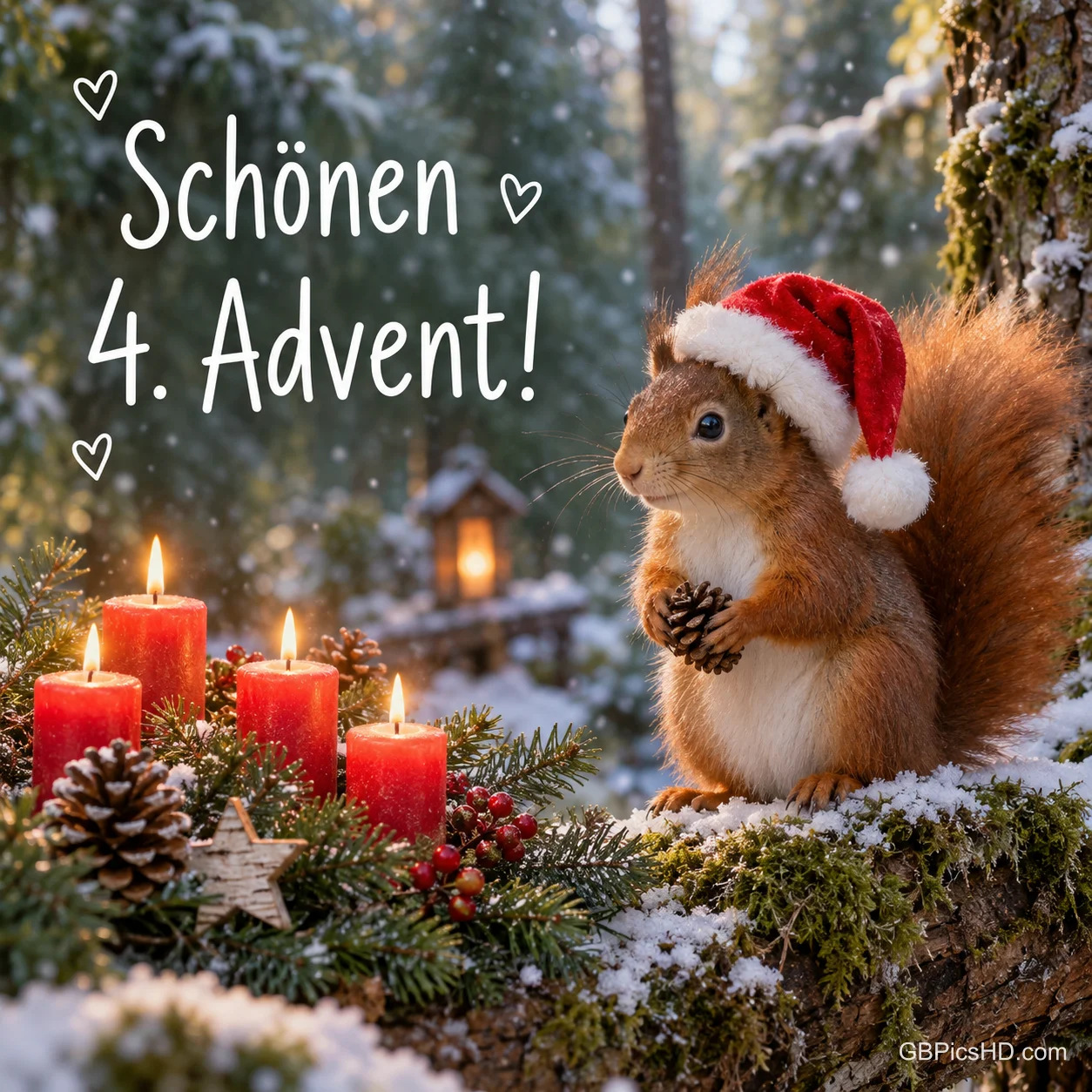 Ein Eichhörnchen mit Weihnachtsmütze hält einen Tannenzapfen im verschneiten Wald, daneben vier brennende rote Kerzen zwischen Tannenzweigen und Beeren Ein Eichhörnchen mit Weihnachtsmütze hält einen Tannenzapfen im verschneiten Wald, daneben vier brennende rote Kerzen zwischen Tannenzweigen und Beeren