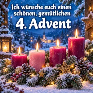 Vier brennende Kerzen in Rosa- und Rottönen zwischen verschneiten Tannenzweigen, Zapfen und goldenen Sternen, dahinter ein winterliches Dorf bei Nacht