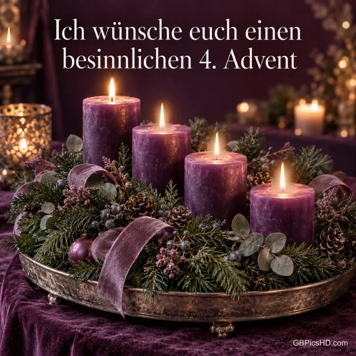 Adventskranz mit vier brennenden lila Kerzen, Eukalyptus und Samtband auf einem silbernen Tablett, Gruß "Ich wünsche euch einen besinnlichen 4. Advent" Adventskranz mit vier brennenden lila Kerzen, Eukalyptus und Samtband auf einem silbernen Tablett, Gruß "Ich wünsche euch einen besinnlichen 4. Advent"