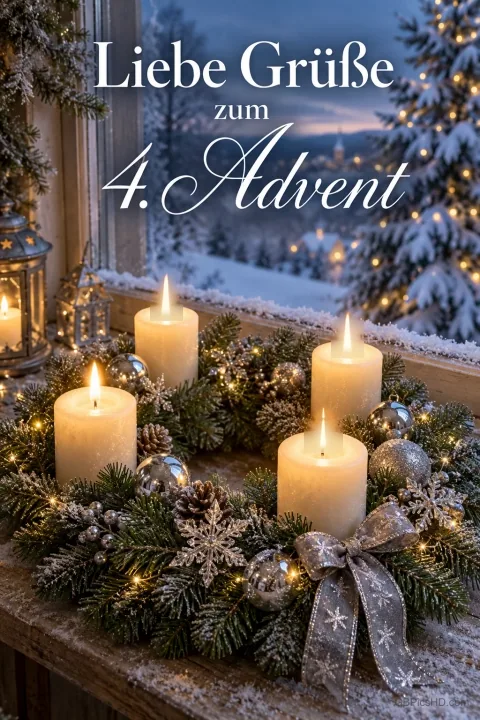 Adventskranz mit vier brennenden weißen Kerzen, silbernen Kugeln, Zapfen und Schleife auf einer verschneiten Fensterbank vor winterlicher Landschaft, Text: Liebe Grüße zum 4. Advent Adventskranz mit vier brennenden weißen Kerzen, silbernen Kugeln, Zapfen und Schleife auf einer verschneiten Fensterbank vor winterlicher Landschaft, Text: Liebe Grüße zum 4. Advent