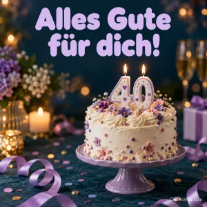 Eine weiße Blütentorte mit brennenden Zahlenkerzen zum 40. Geburtstag steht unter dem Gruß "Alles Gute für dich!".