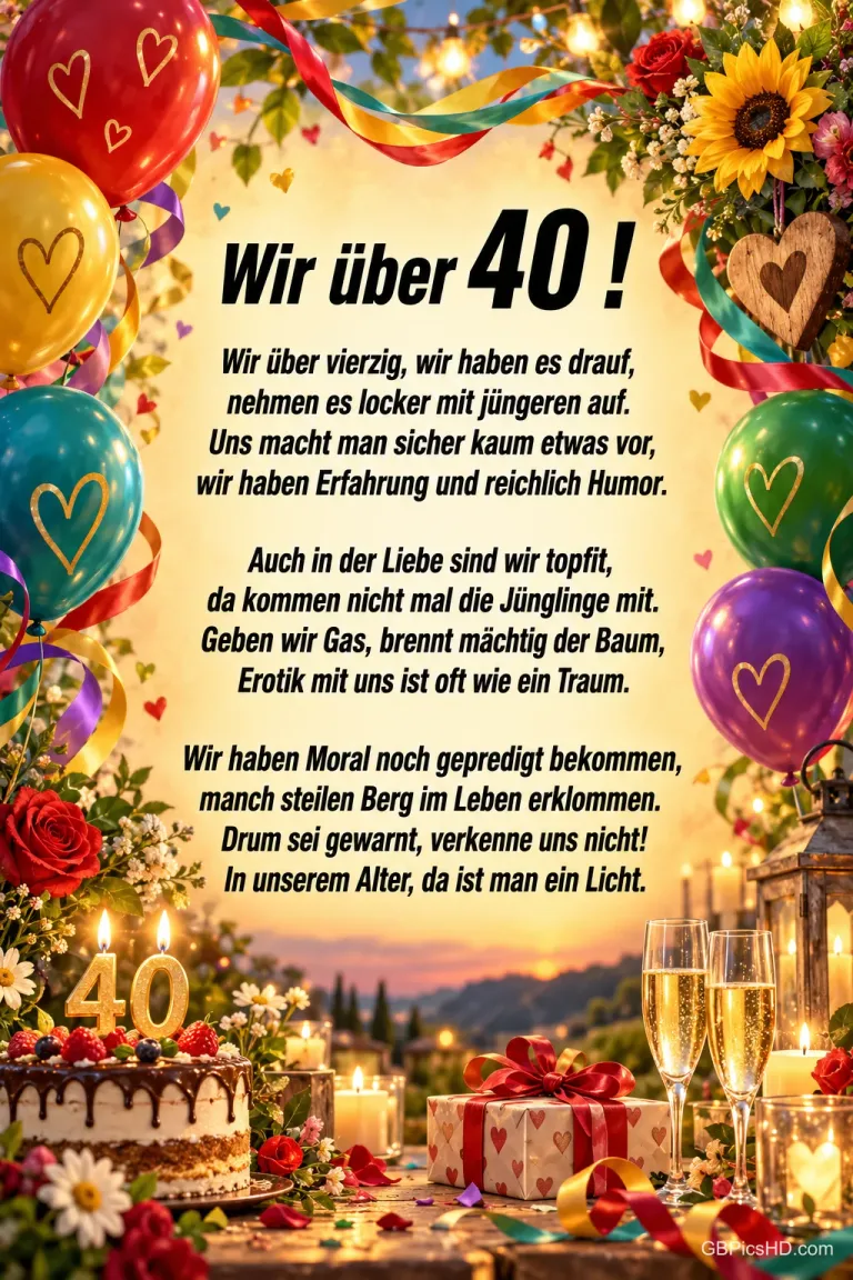 Festtafel mit Luftballons, Blumen, Torte und Sekt vor Sonnenuntergang mit dem Spruch "Wir über 40!".