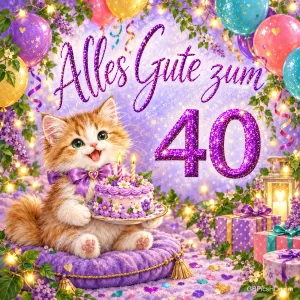 Ein Kätzchen mit lila Schleife hält eine Blütentorte neben einer glitzernden 40 und dem Gruß "Alles Gute zum 40".