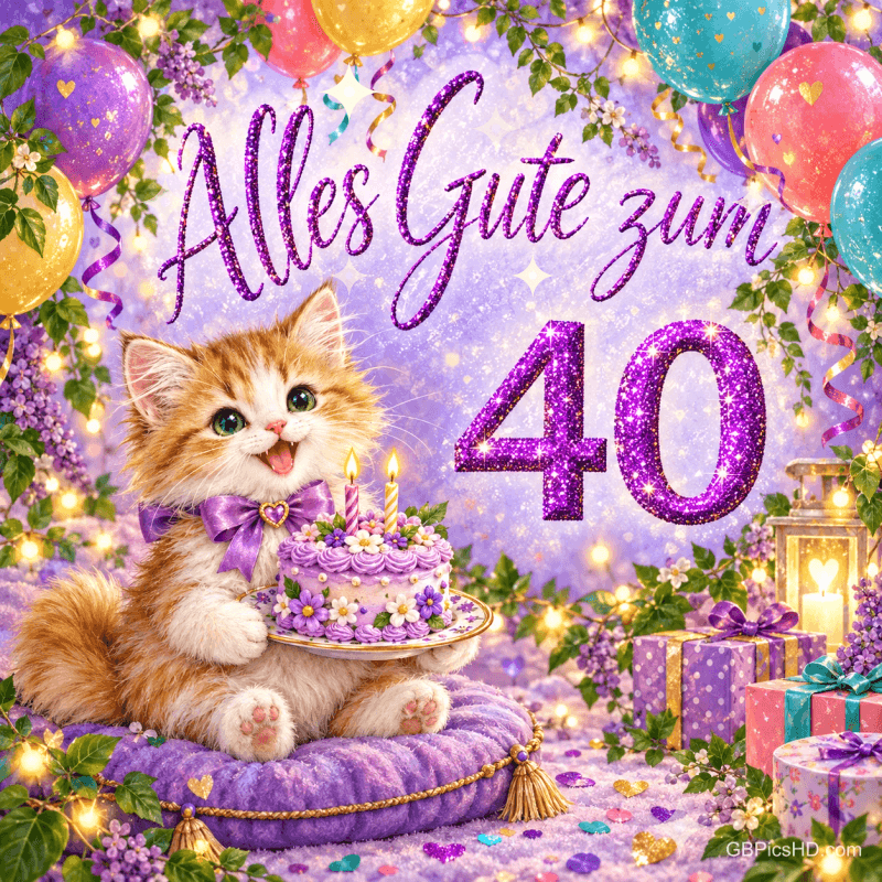 Ein Kätzchen mit lila Schleife hält eine Blütentorte neben einer glitzernden 40 und dem Gruß "Alles Gute zum 40".