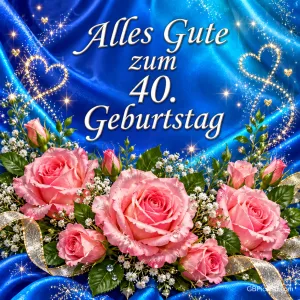 Rosa Rosen auf blauem Stoff, goldene Glitzerherzen und der Gruß "Alles Gute zum 40. Geburtstag" schmücken das Motiv.