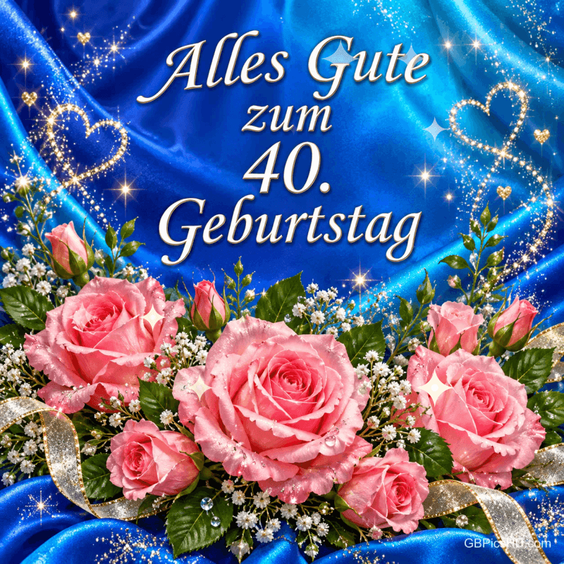 Rosa Rosen auf blauem Stoff, goldene Glitzerherzen und der Gruß "Alles Gute zum 40. Geburtstag" schmücken das Motiv.