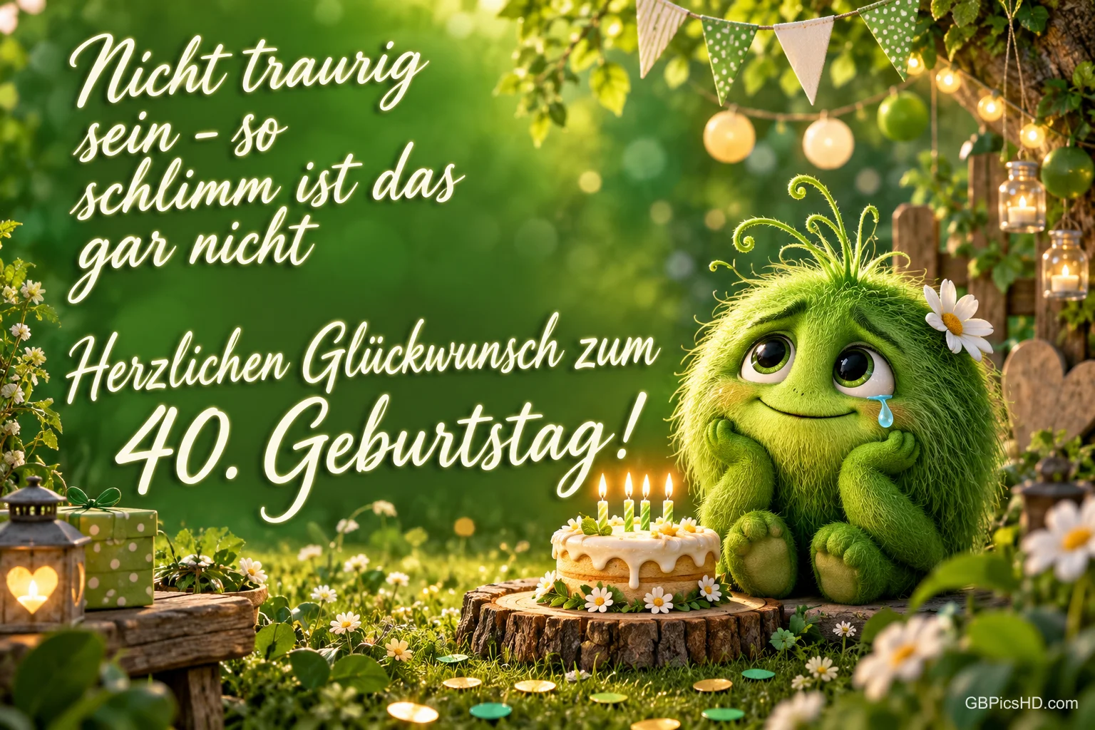 Ein grünes Fellwesen mit einer Träne sitzt neben einer Torte und dem Gruß "Herzlichen Glückwunsch zum 40. Geburtstag!".