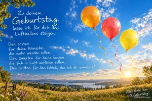 Drei bunte Luftballons schweben über einer Blumenwiese im Abendlicht beim Gruß "Alles Gute zum 40. Geburtstag!".