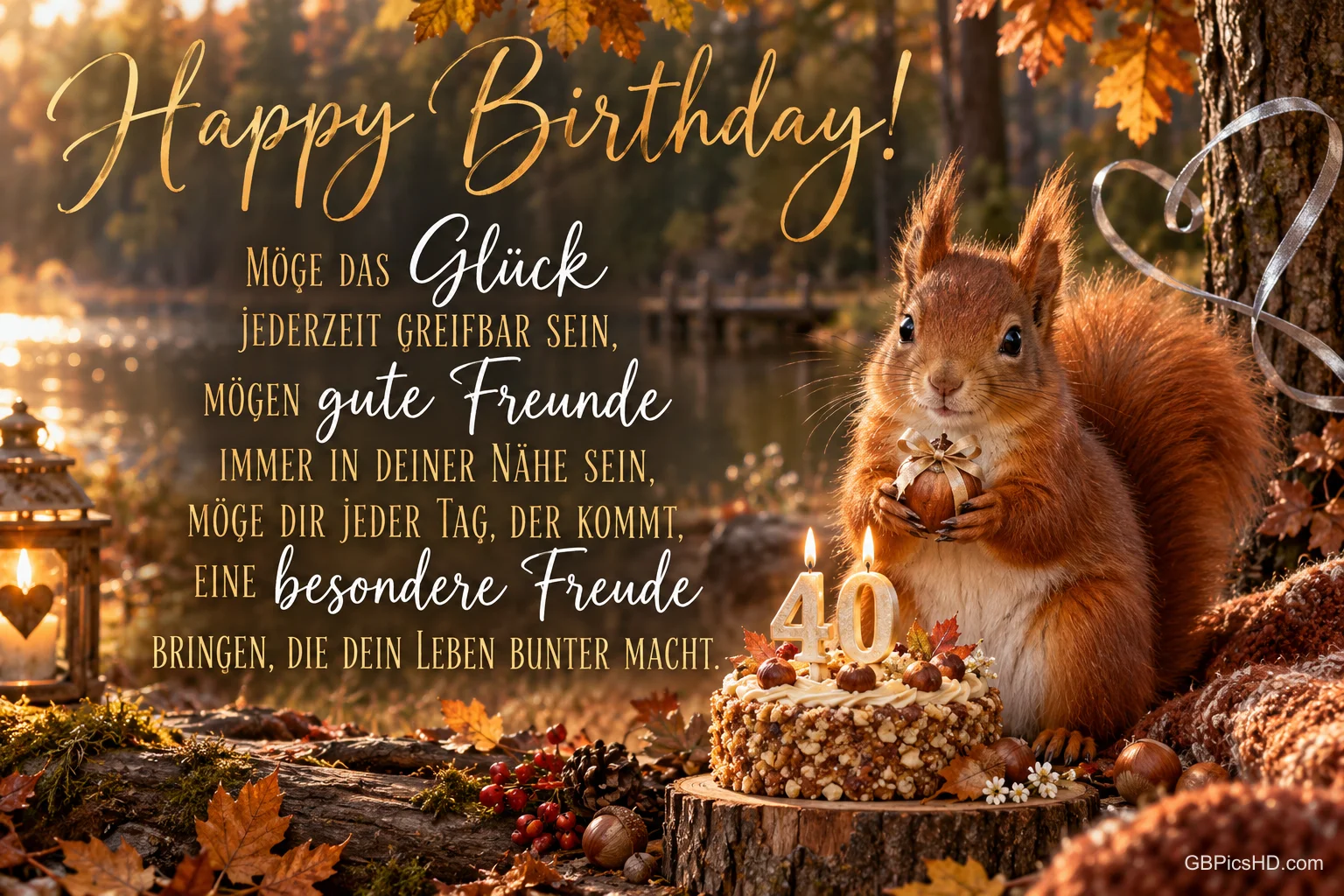 Ein Eichhörnchen hält eine Nuss neben einer Torte mit 40er-Kerzen; darüber steht "Happy Birthday!".