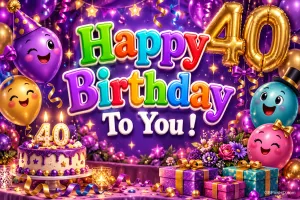 Bunte Ballonfiguren, Geschenke und eine Torte schmücken den Gruß "Happy Birthday To You!" zum 40. Geburtstag.