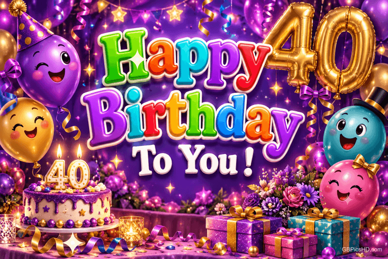 Bunte Ballonfiguren, Geschenke und eine Torte schmücken den Gruß "Happy Birthday To You!" zum 40. Geburtstag.