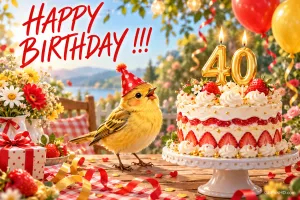 Ein gelber Vogel mit Partyhut steht neben einer Erdbeertorte mit goldenen 40-Kerzen unter dem Gruß "HAPPY BIRTHDAY !!!".