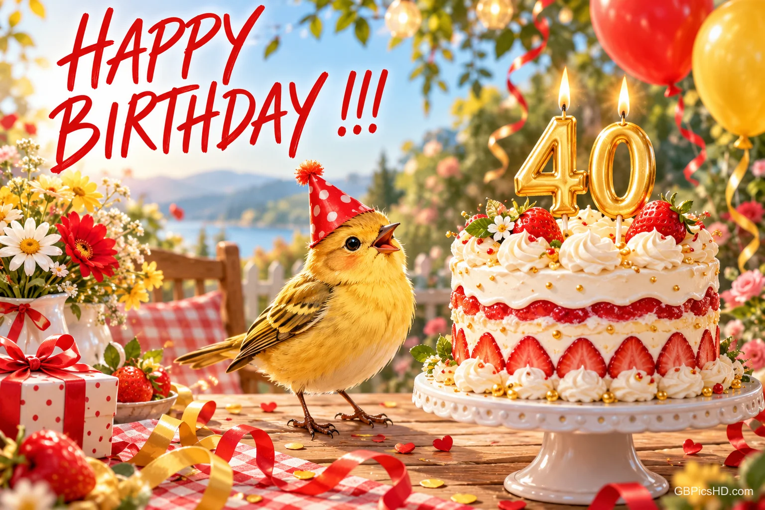 Ein gelber Vogel mit Partyhut steht neben einer Erdbeertorte mit goldenen 40-Kerzen unter dem Gruß "HAPPY BIRTHDAY !!!".