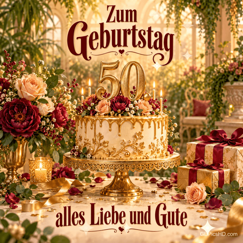 Goldene Kerzen in Form der Zahl 50 stehen in einem grünen Blätterrahmen mit "Zum 50. Geburtstag alles Liebe und Gute". Goldene Kerzen in Form der Zahl 50 stehen in einem grünen Blätterrahmen mit "Zum 50. Geburtstag alles Liebe und Gute".